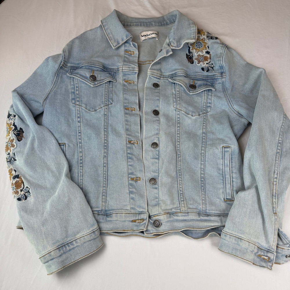 Vigoss Womens Embroidered Floral Denim Jacket Light Wash Blue Jean Trucker Large